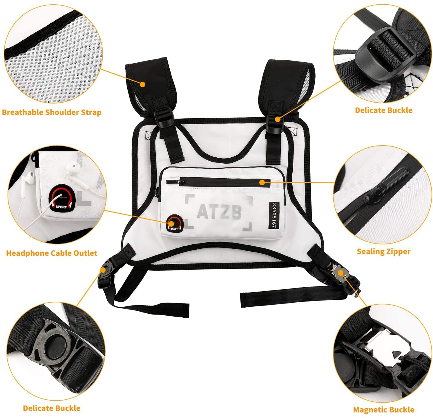 Running backpack vest with front pockets, straps, headphone cable outlet, sealing zipper