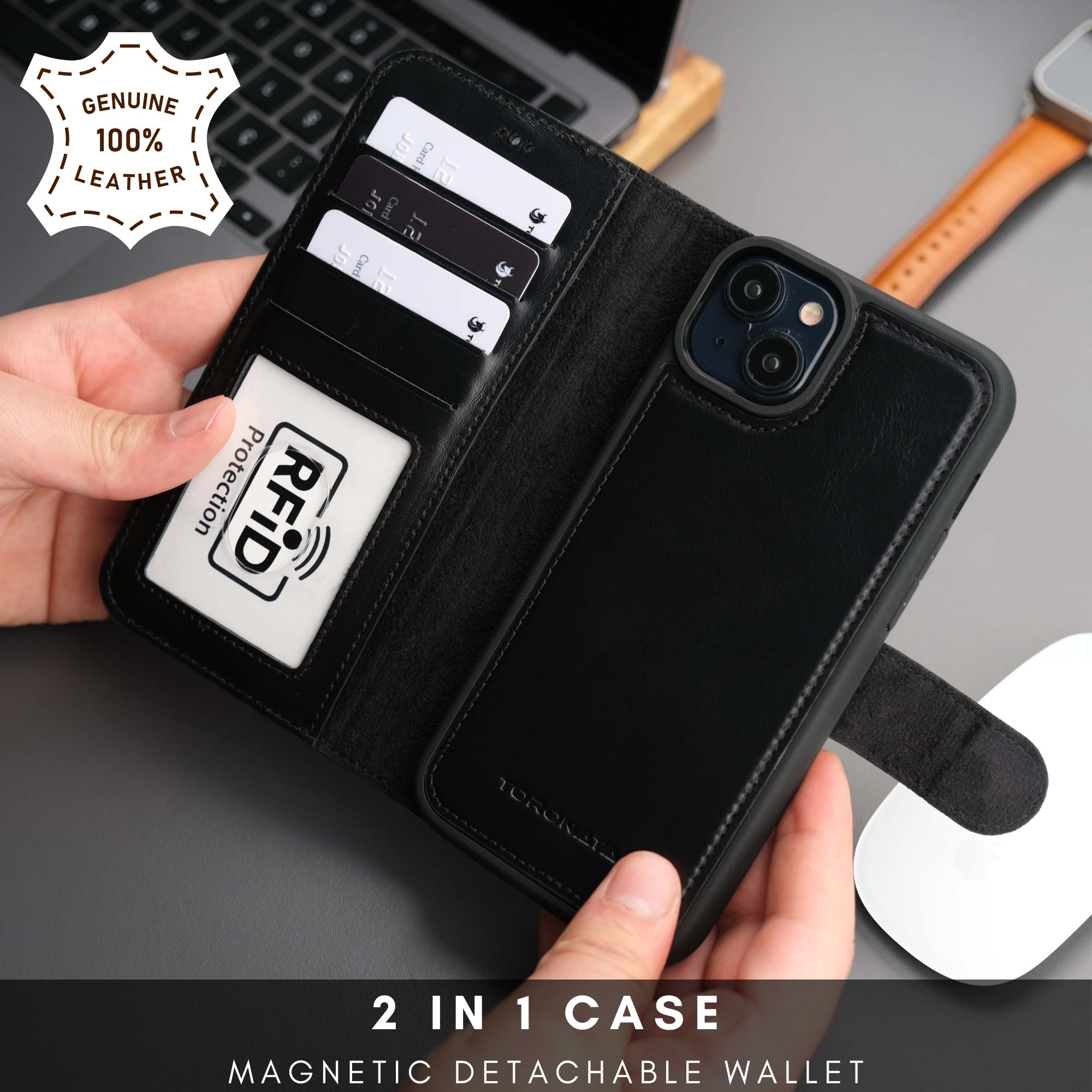 Black leather iPhone 14 Plus wallet case with card pockets and phone cover