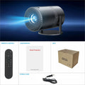 White mini projector with stand, remote, power cord, and boxed package