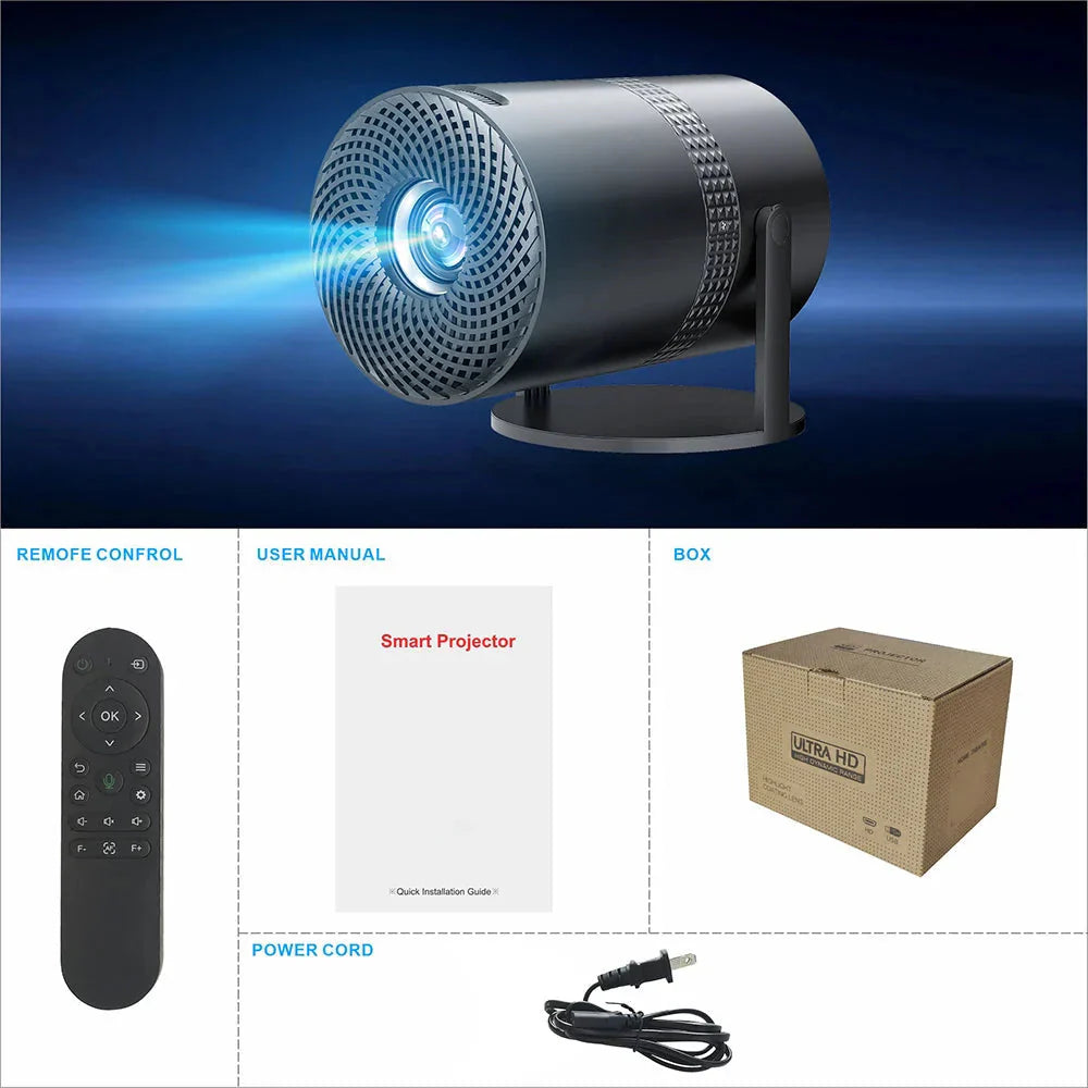 White mini projector with stand, remote, power cord, and boxed package