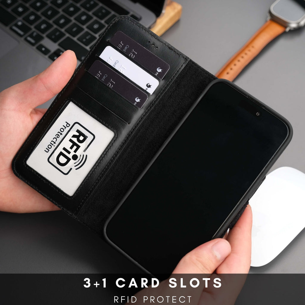 Black leather iPhone 14 Plus wallet case with 3 card slots and RFID window