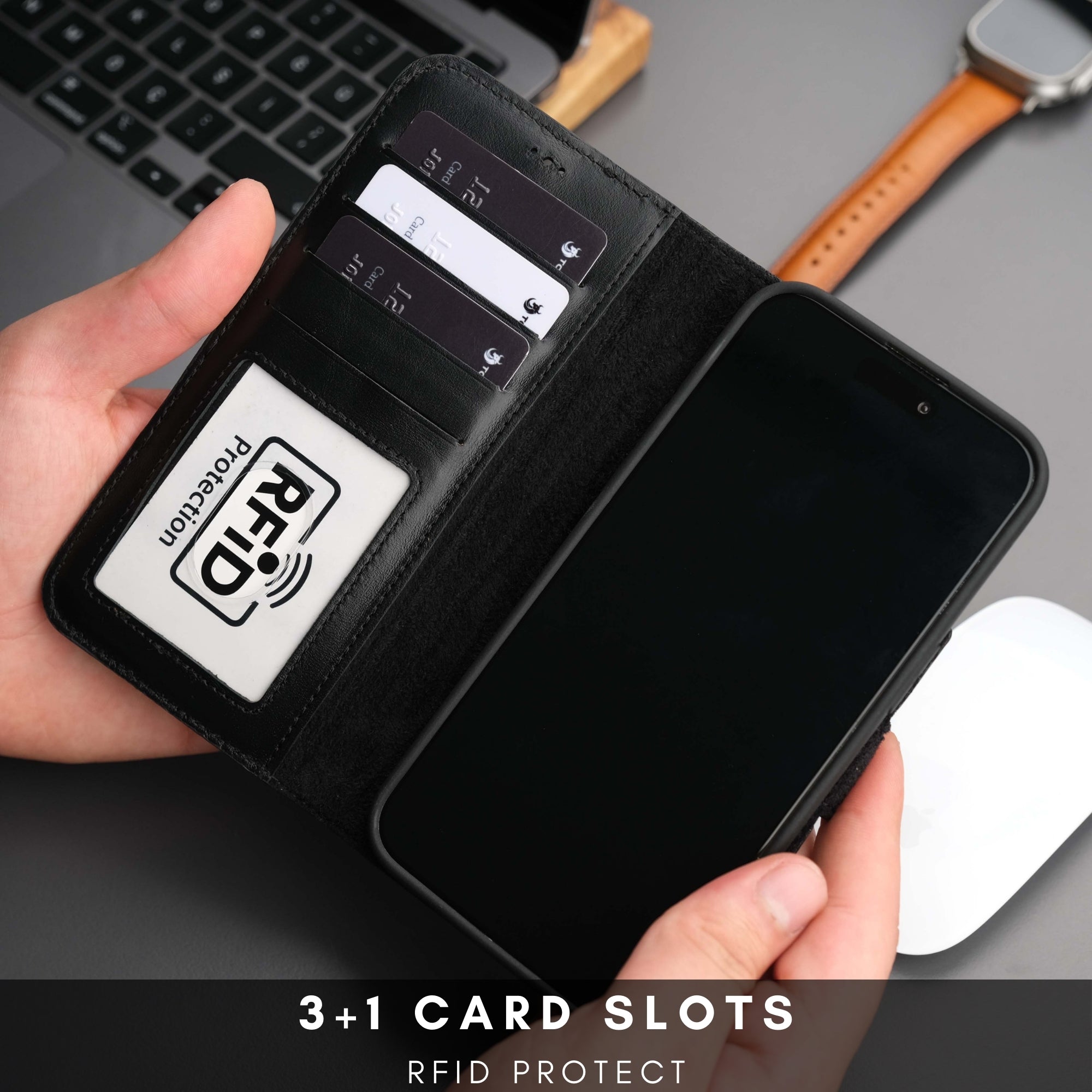 Black leather iPhone 14 Plus wallet case with 3 card slots and RFID window