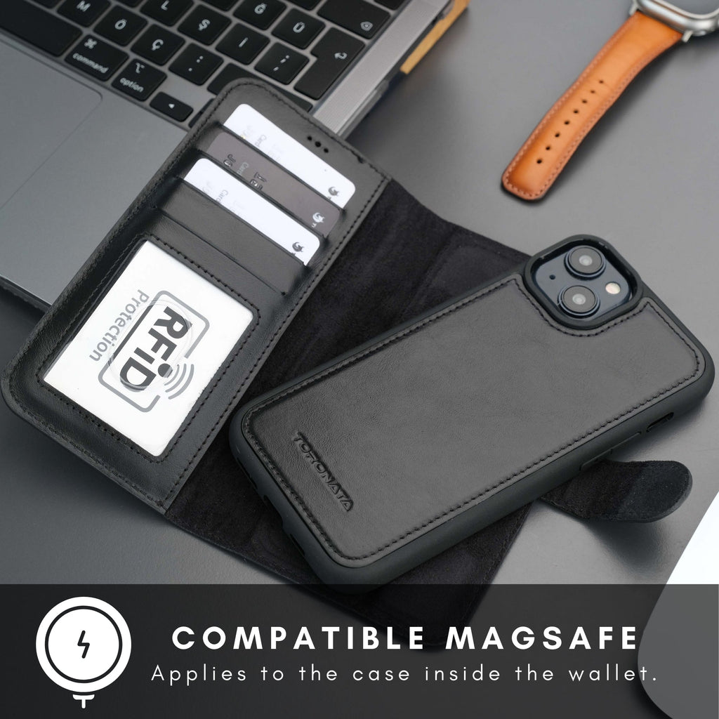 Black leather iPhone 14 Plus wallet case with MagSafe compatibility and card slots