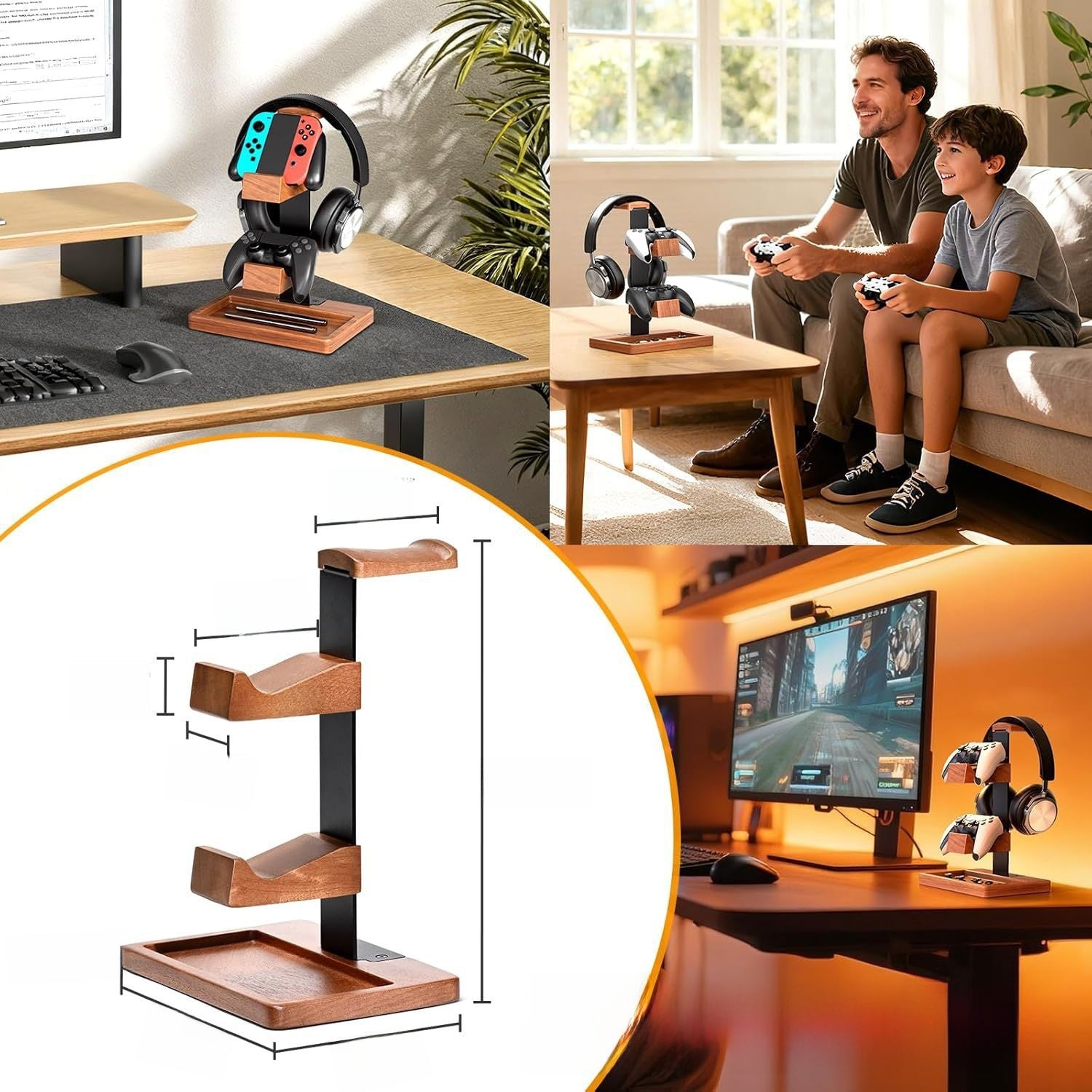 Wooden gaming headphone stand on a desk, with side supports for headphones