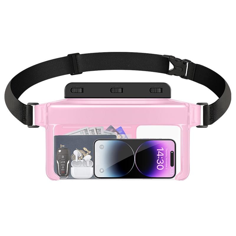 Pink waterproof phone waist pack with clear window and adjustable strap