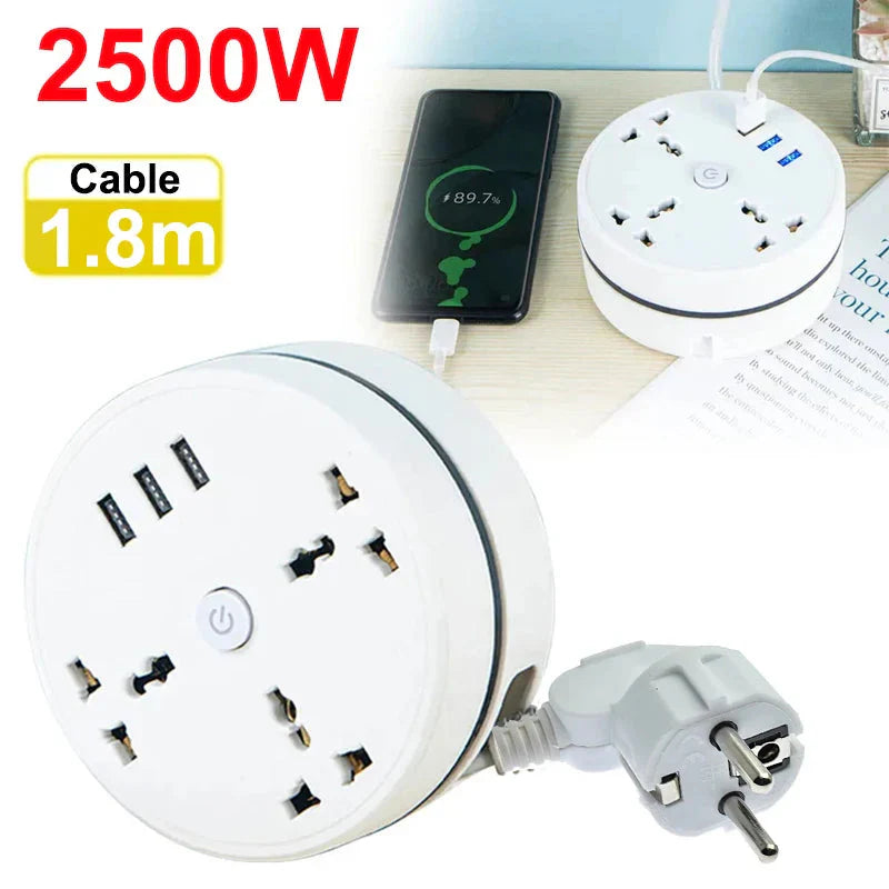 White round EU power strip with USB ports and EU plug cable connection