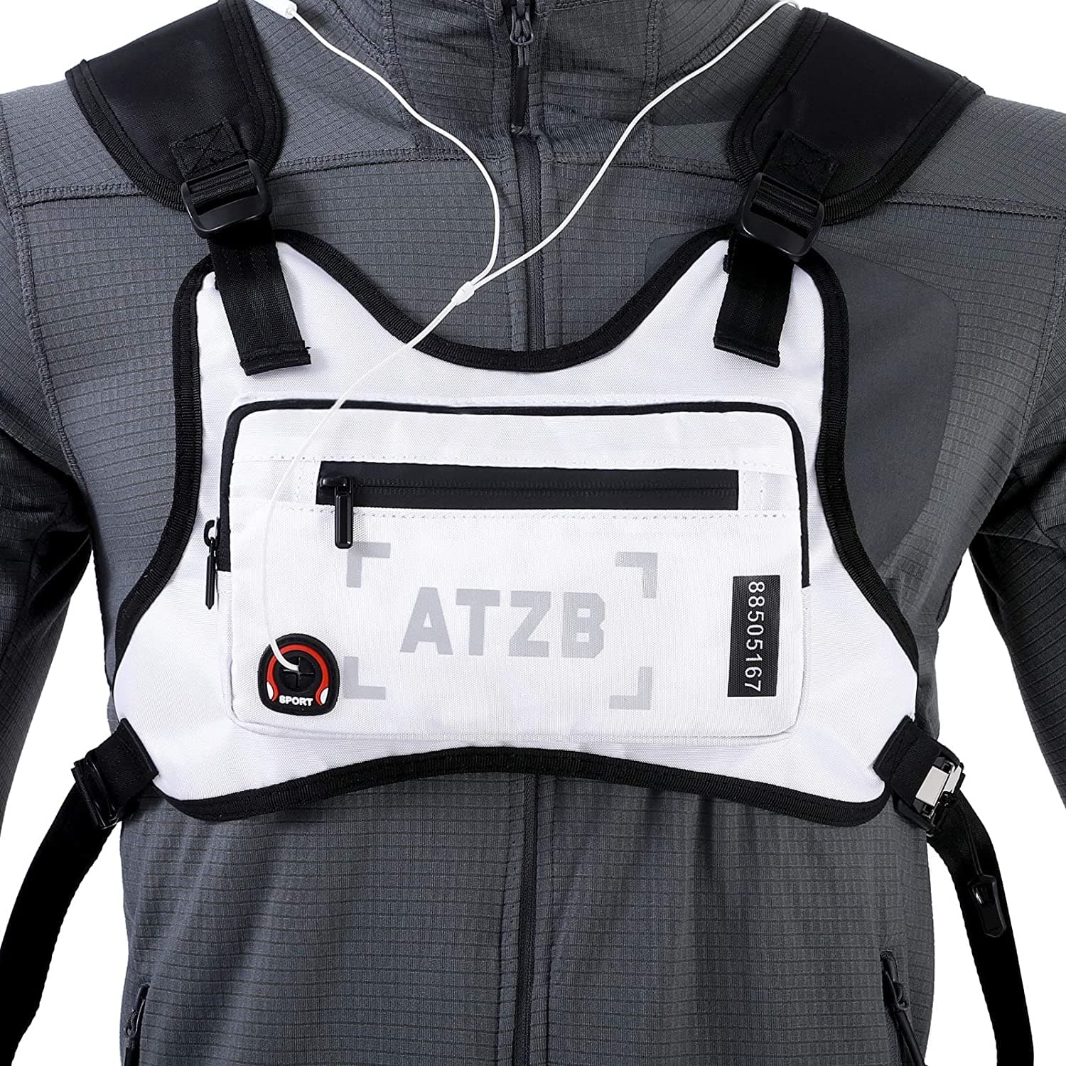 White running backpack vest with front zip phone pocket and adjustable shoulder straps