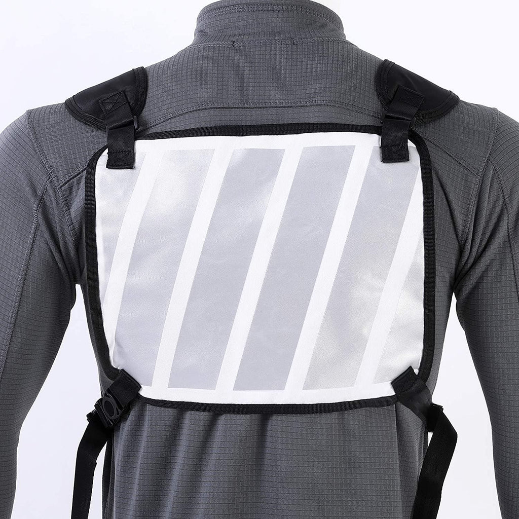 Gray running backpack vest with back reflective stripes and adjustable shoulder harness