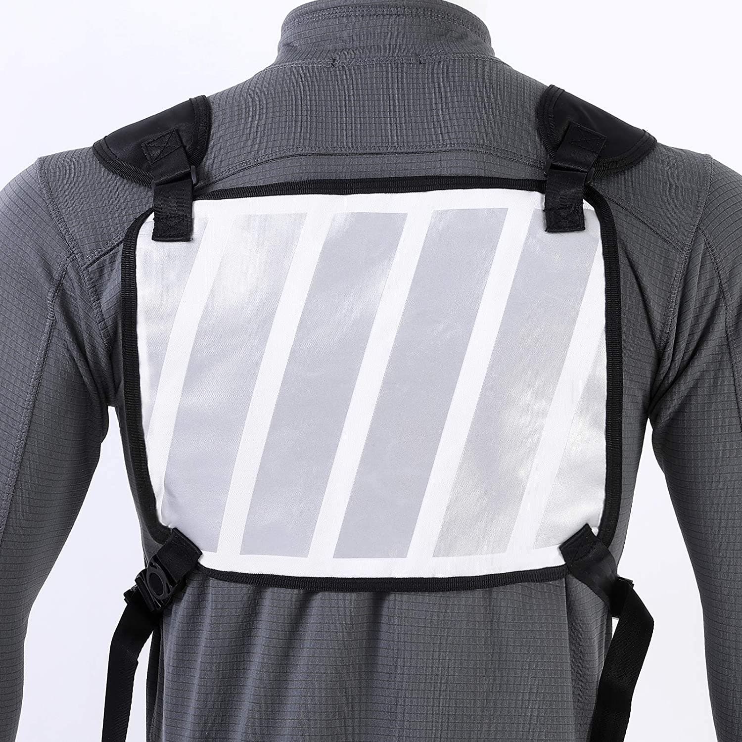 Gray running backpack vest with back reflective stripes and adjustable shoulder harness
