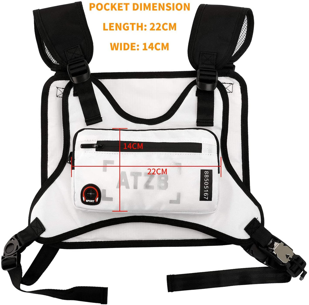 White running backpack vest with front zip pocket and black adjustable chest straps