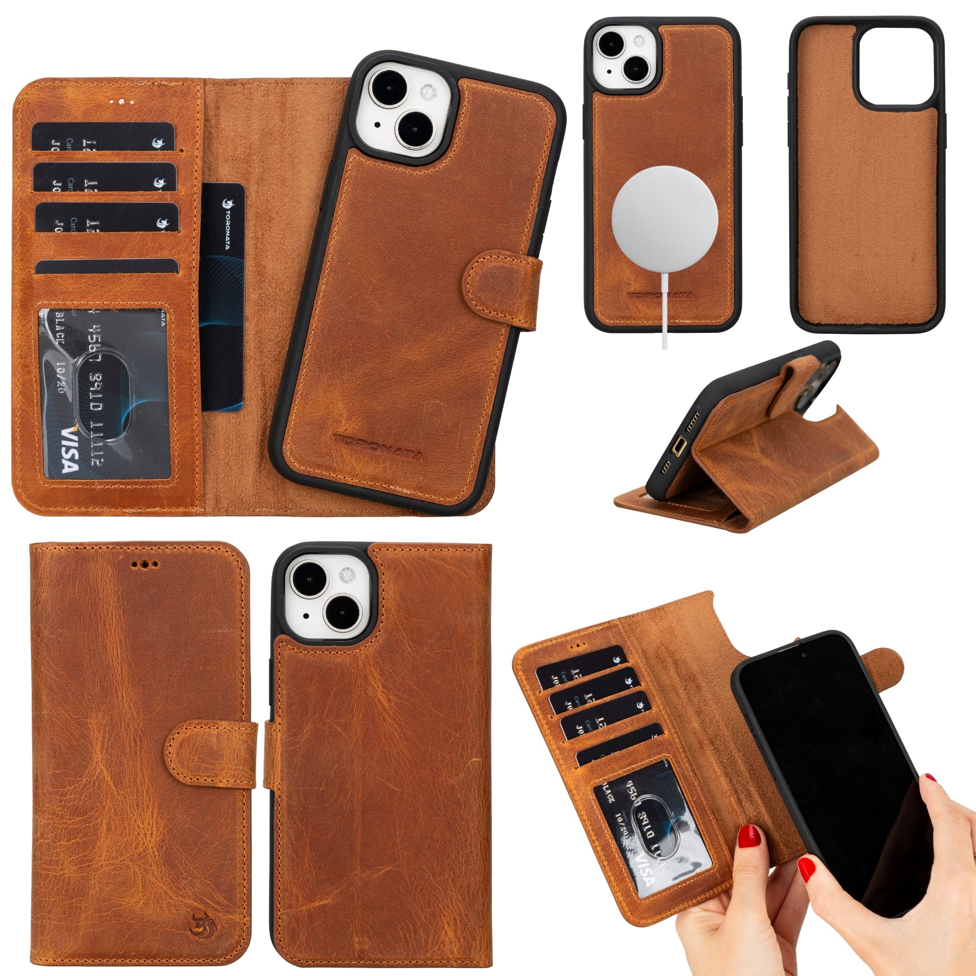 Brown leather iPhone 14 Plus wallet case with card slots and MagSafe
