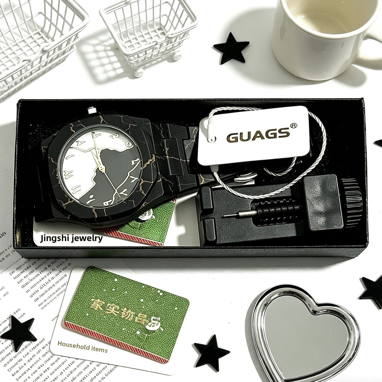 Quartz wristwatch gift set packaging with white globe dial watch and accessories