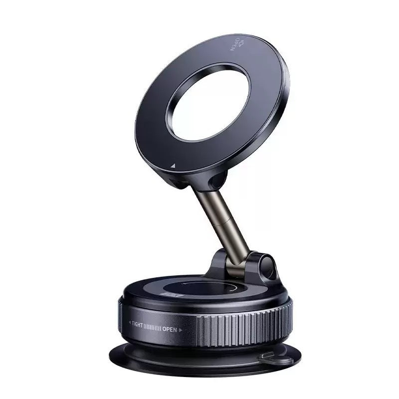 Magnetic car phone holder, black suction cup base with metal swivel arm and ring