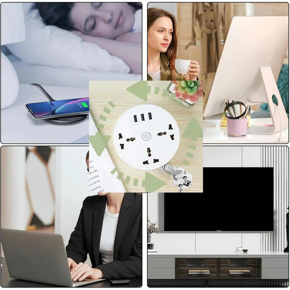 White round EU power strip with USB ports