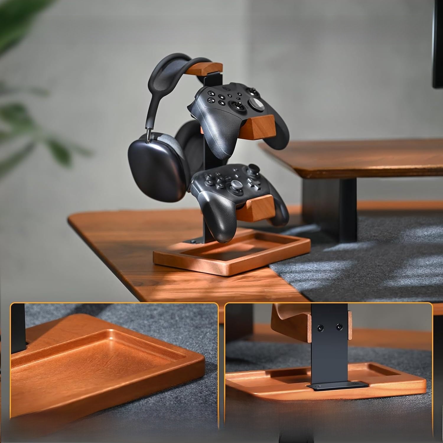 Wooden gaming headphone stand with dark headset resting on upper wood cradle