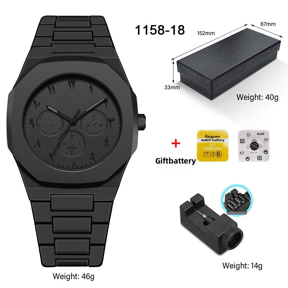Men's quartz wristwatch with black metal bracelet and black dial with three subdials