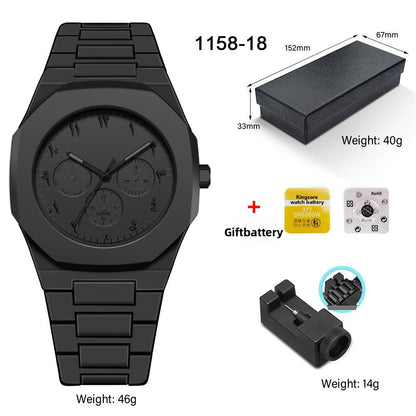 Men's quartz wristwatch with black metal bracelet and black dial with three subdials