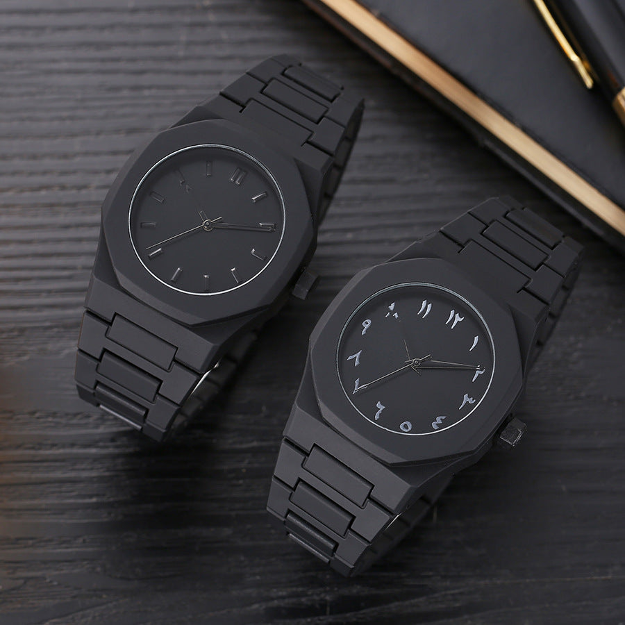 Two black quartz wristwatches with round dials and black metal link straps