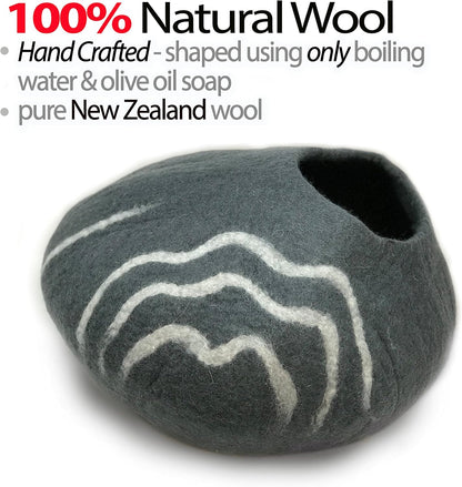 100% Natural Wool Eco-Friendly Cat & Kitten Cave Bed - Cozy House Indoor Bed for Cats & Kittens - Pet Felt Cat Cave, Cushion, Cove, Nest, Hideout, Hideaway, Tent, Tunnel Beds (Dark Gray)