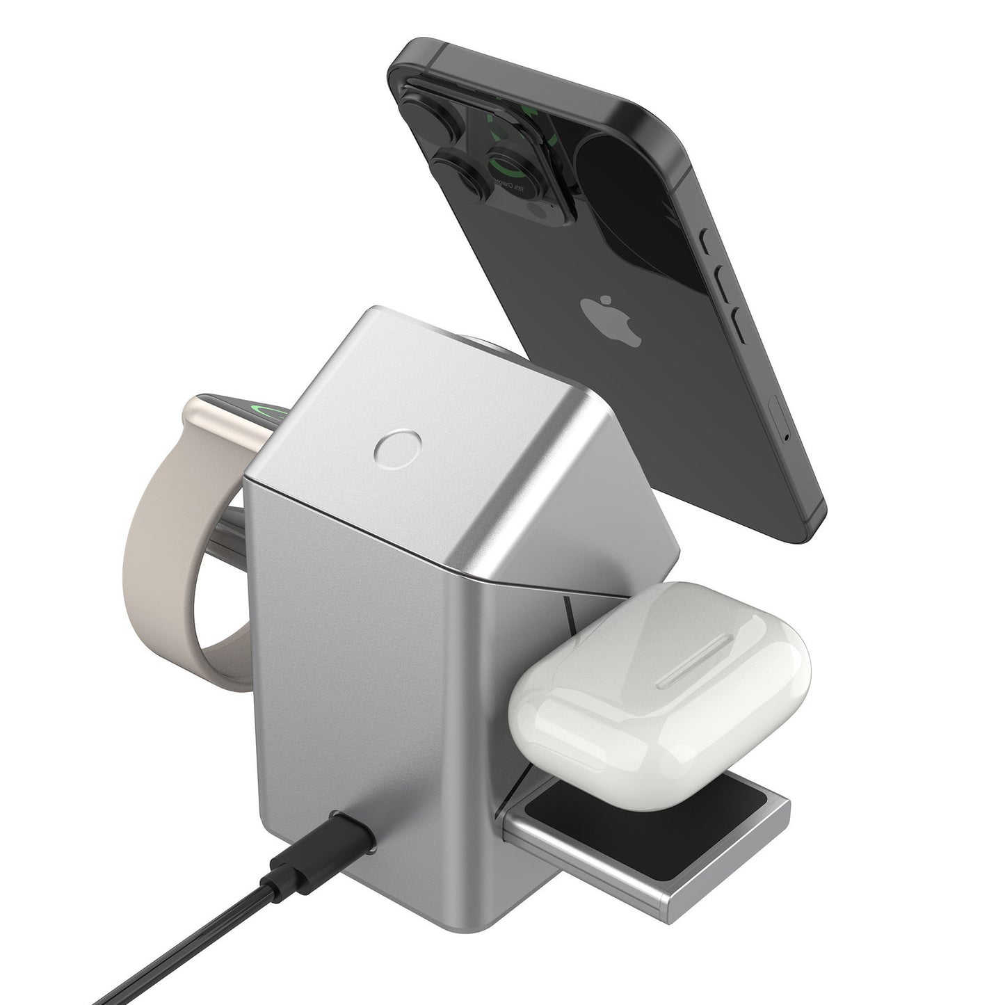 Silver magnetic wireless charger with phone angled on top and accessory dock