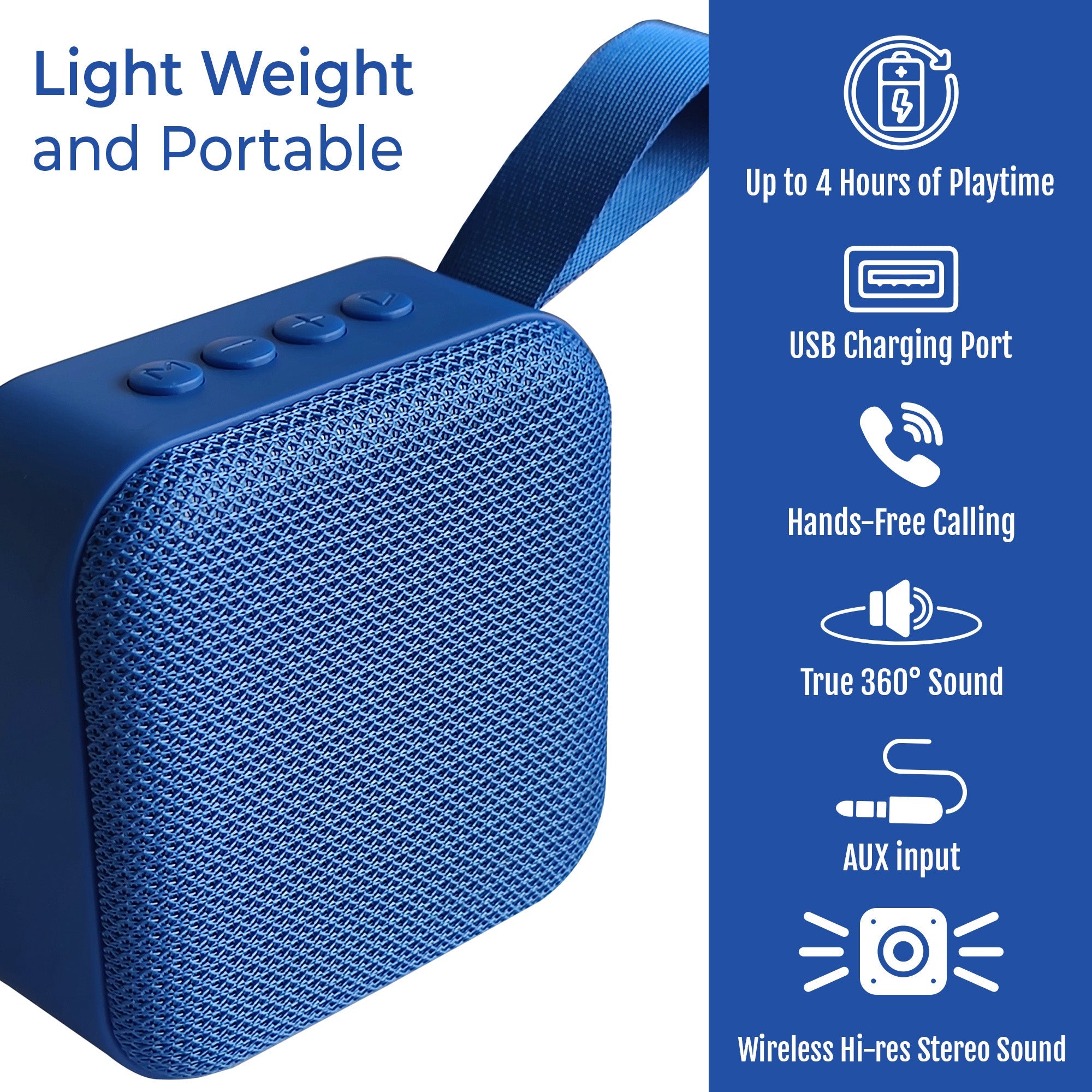 Blue portable wireless speaker with top controls and textured fabric body