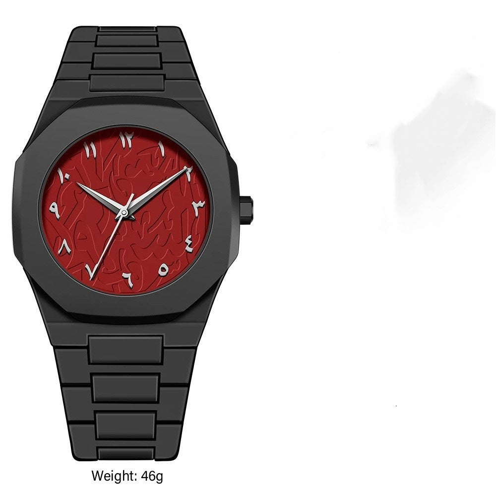 Black quartz wristwatch with red patterned dial and black metal link strap