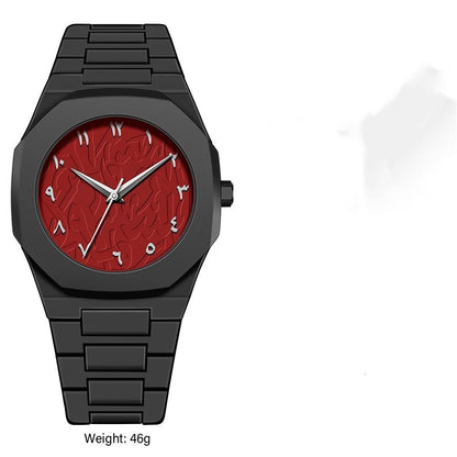 Black quartz wristwatch with red patterned dial and black metal link strap