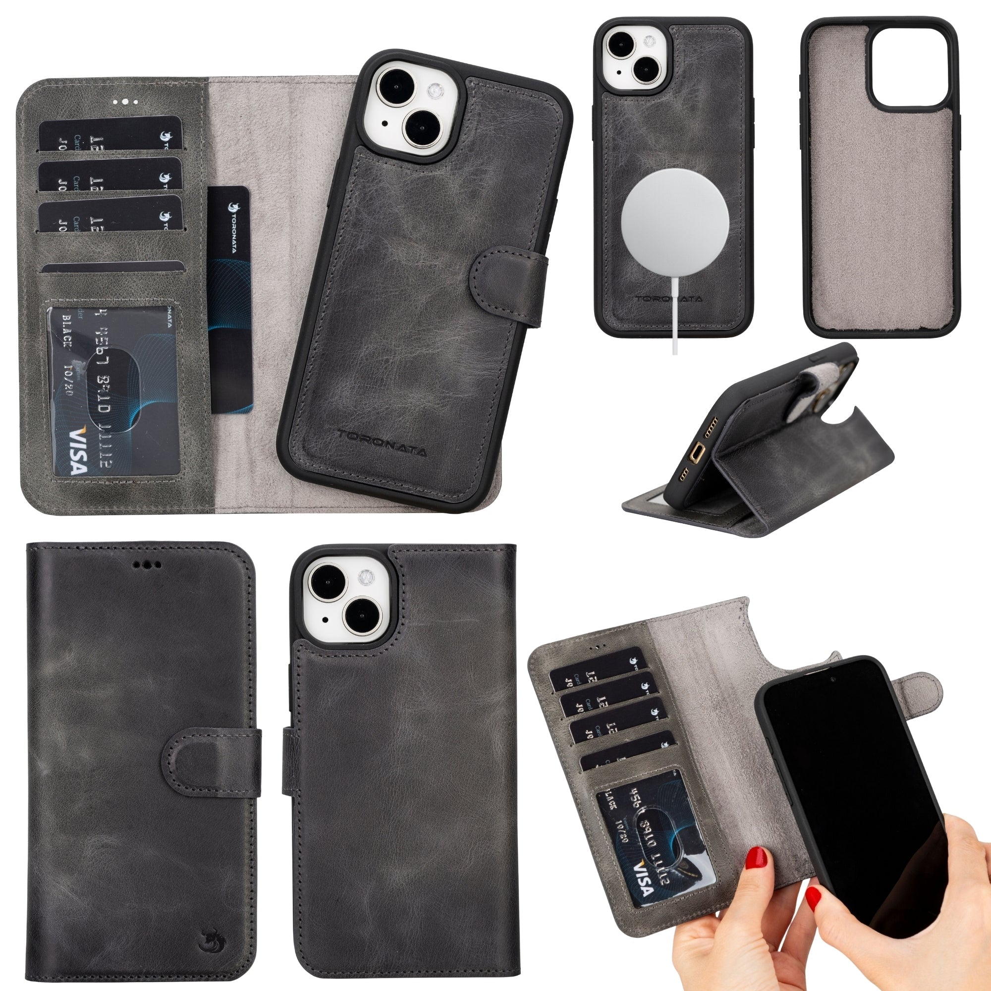 Dark gray leather iPhone 14 Plus wallet case with card slots and stand view
