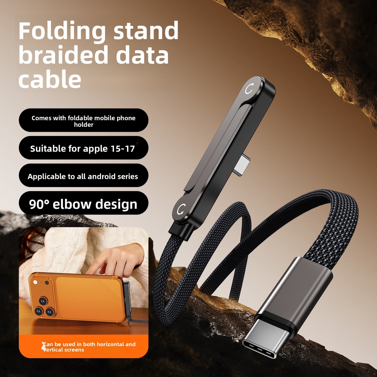 Foldable phone charging stand with braided cable and angled connector, shown with phone
