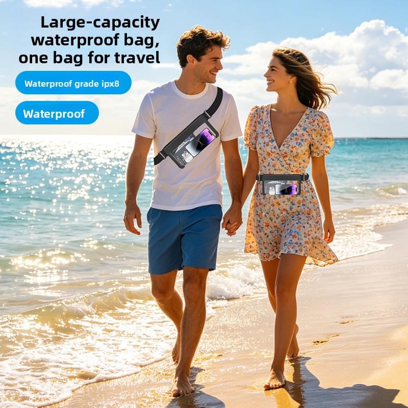 Waterproof phone waist pack worn on the waist with black strap and clear window