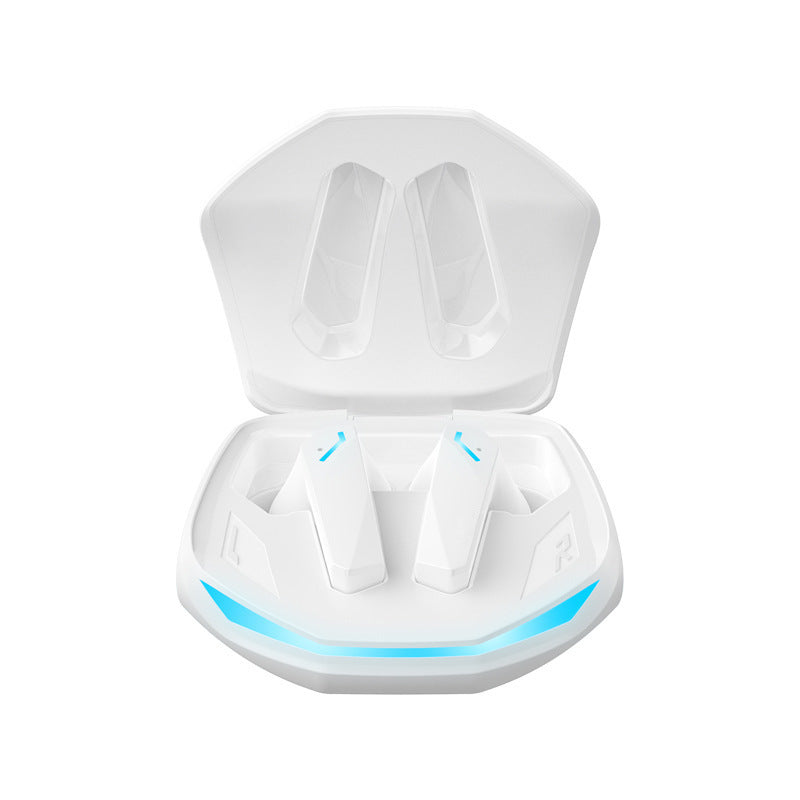 White earbuds charging case open, two earbuds with blue accent indicator lights
