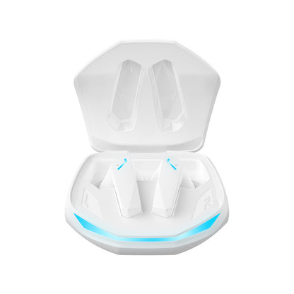 White earbuds charging case open, two earbuds with blue accent indicator lights