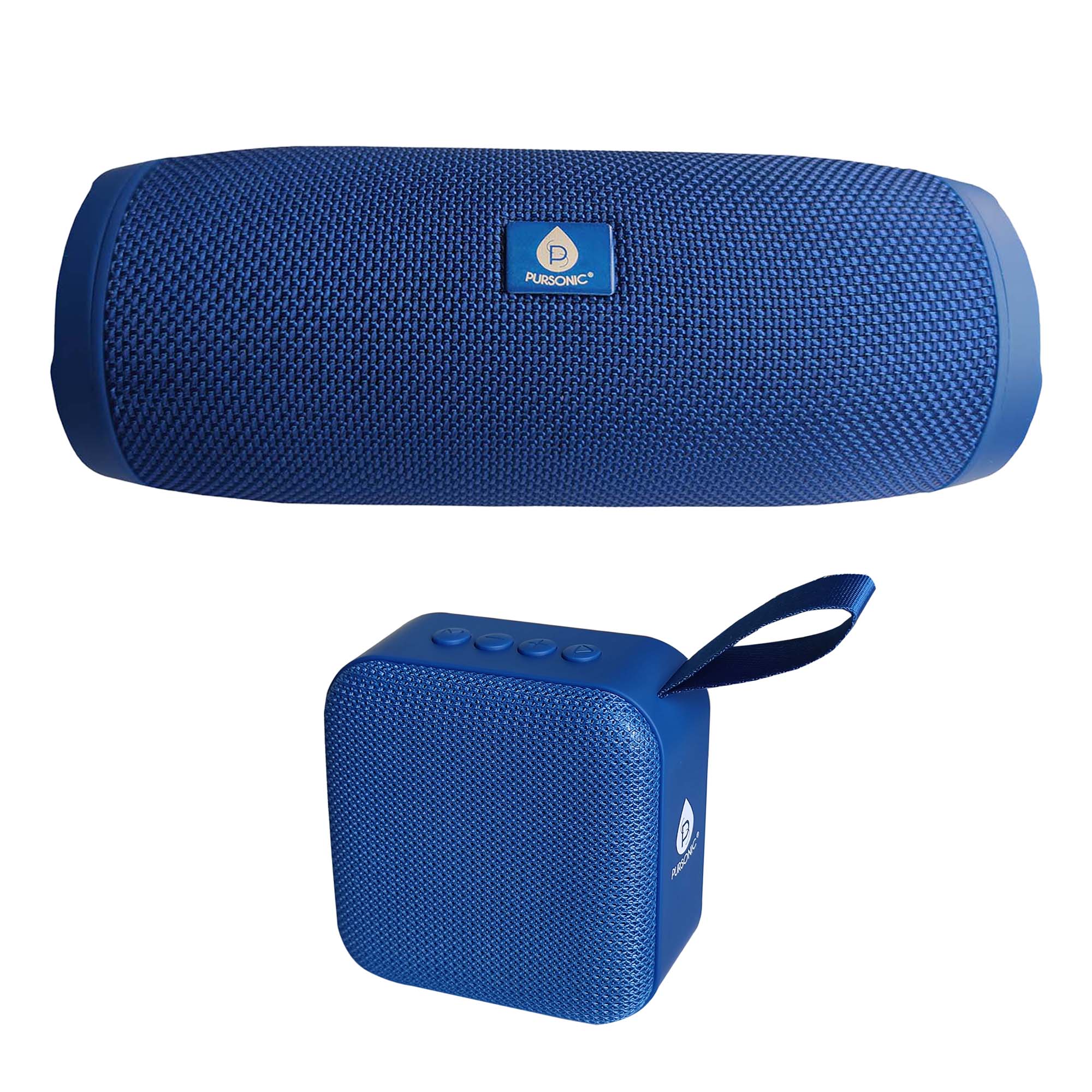 Blue portable Bluetooth speaker set: cylindrical speaker and cube speaker with carry strap