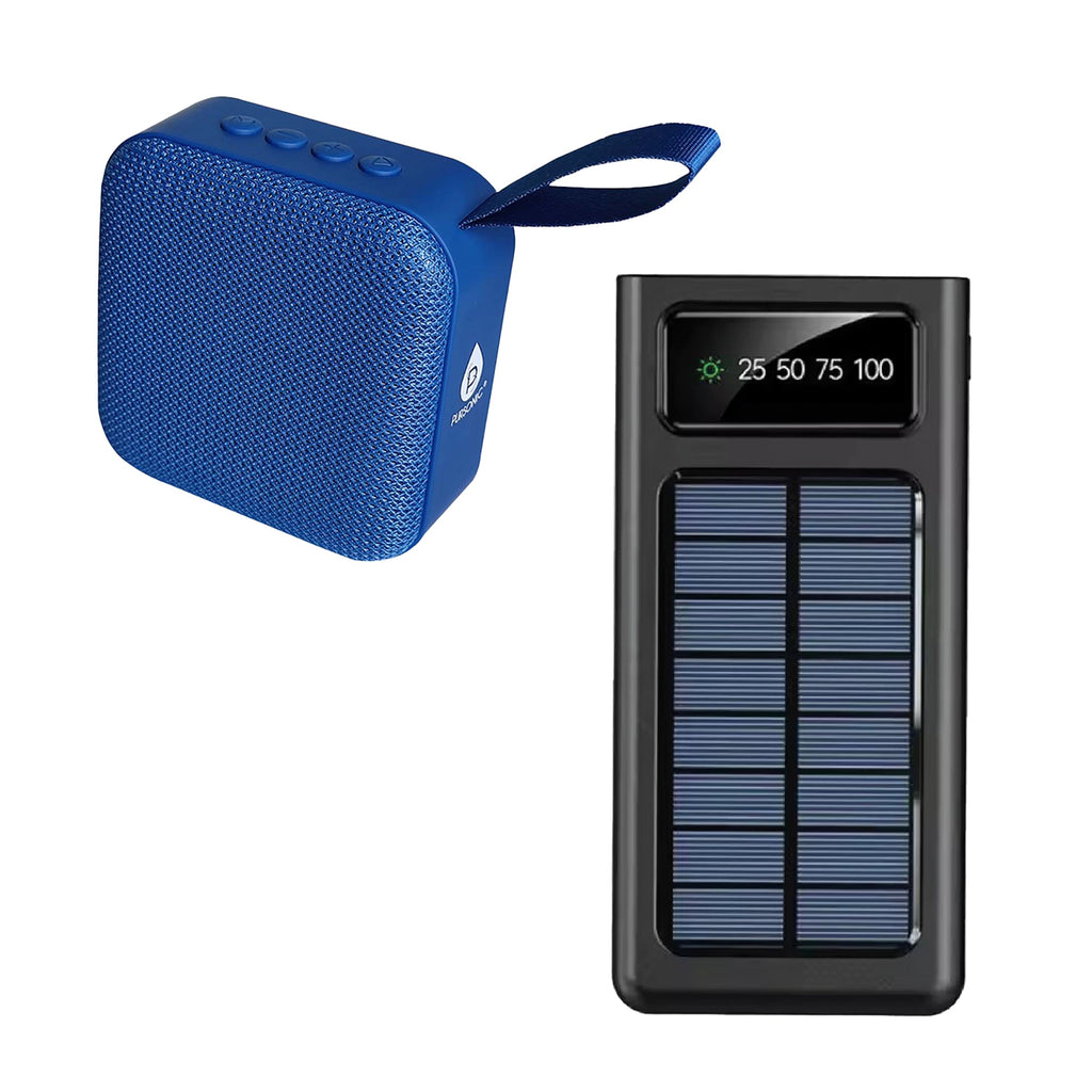 Blue portable wireless speaker with wrist strap and textured fabric finish