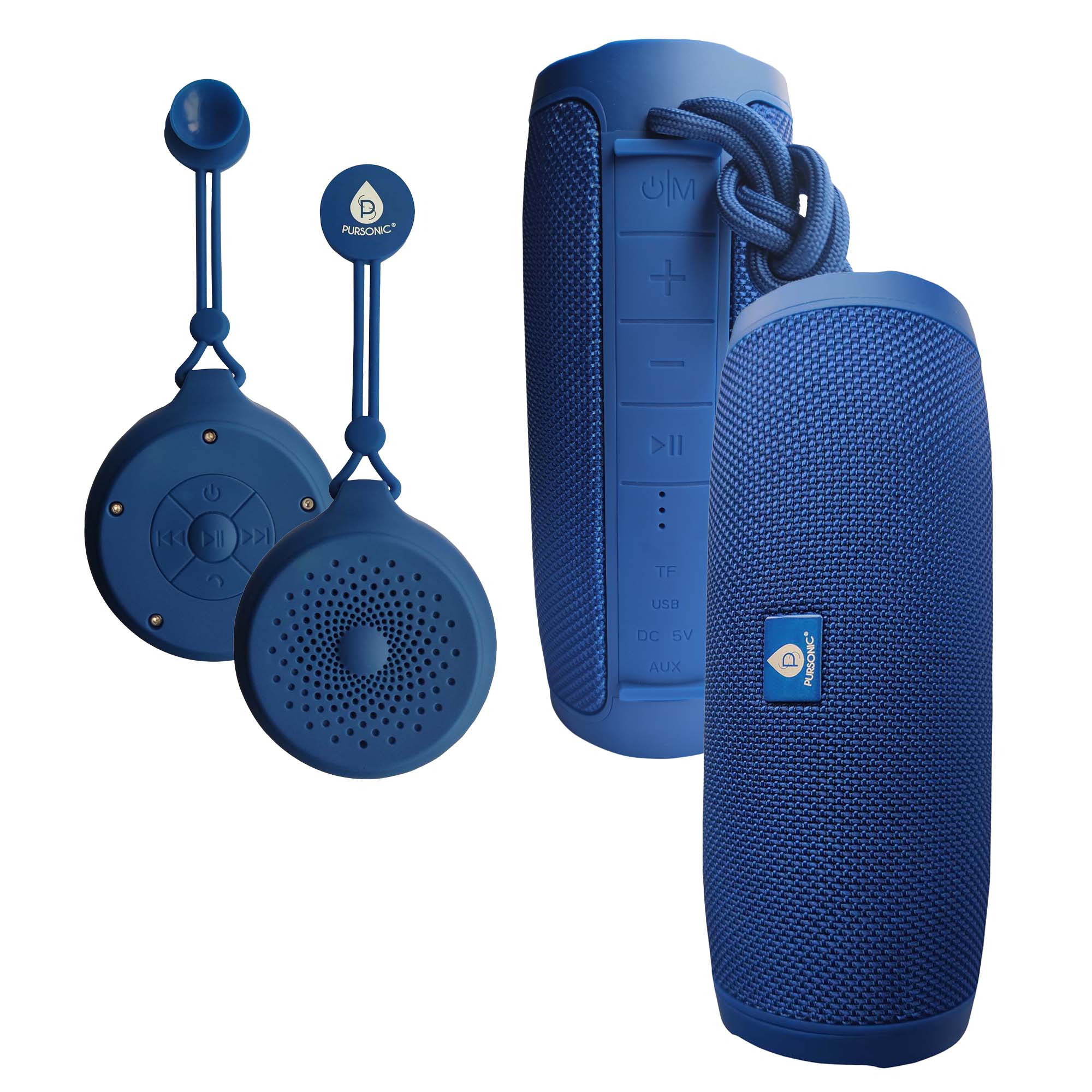 Blue wireless speaker bundle: cylindrical and round speaker with tether