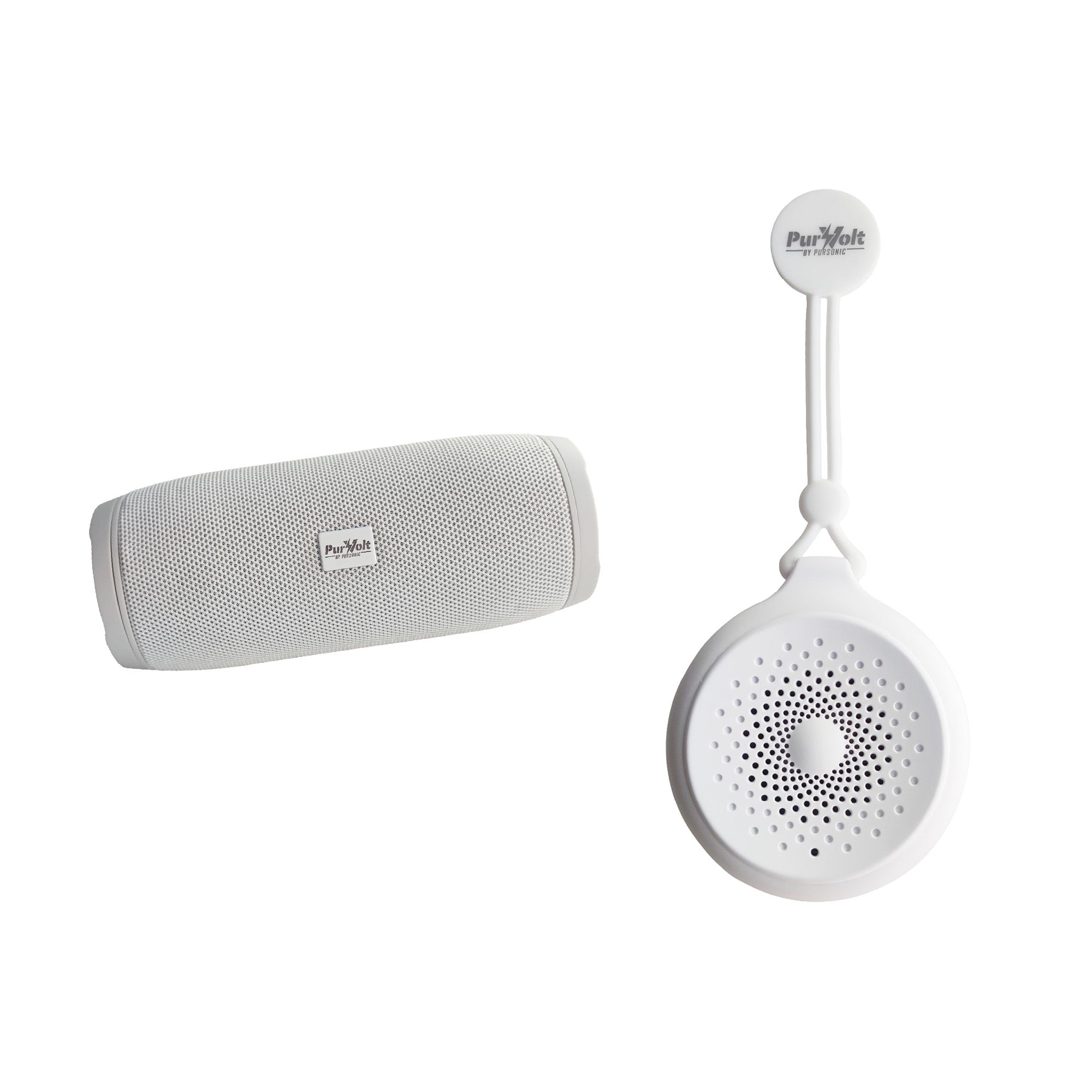 White wireless speaker bundle: fabric-grille cylinder and round speaker with tether