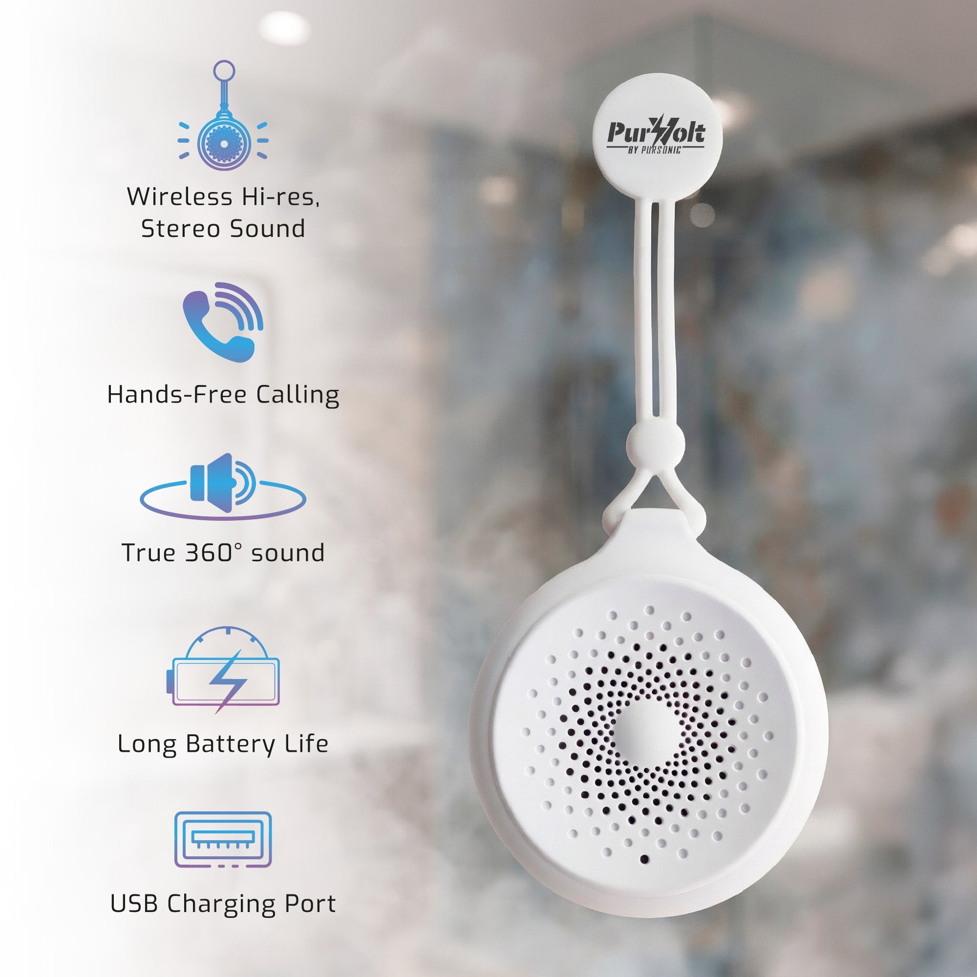 White round portable waterproof wireless shower speaker with suction mount