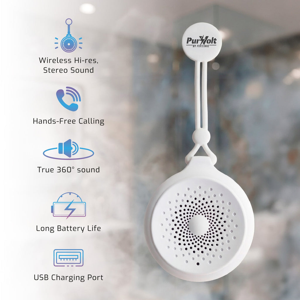 White round wireless speaker with tether, fabric grille and circular speaker holes