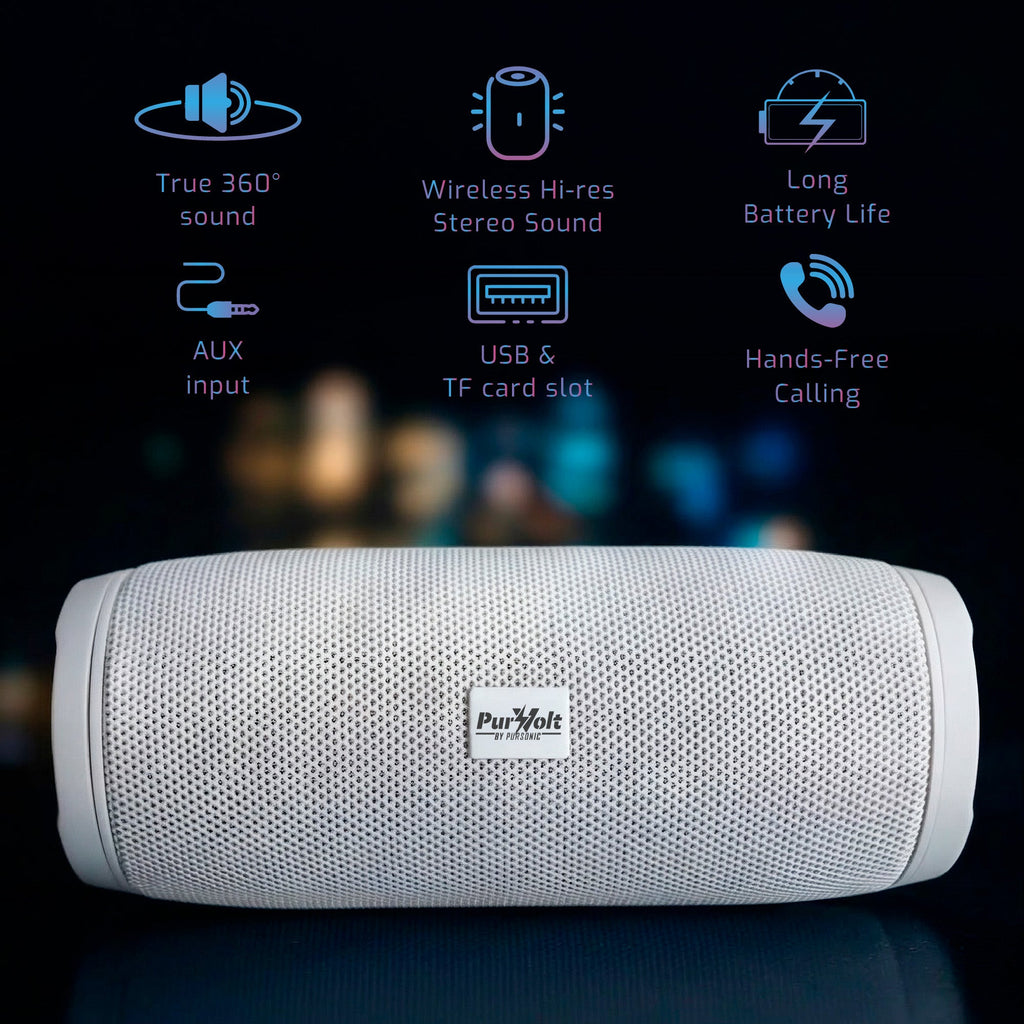 White portable wireless speaker with cylindrical mesh grille and centered logo