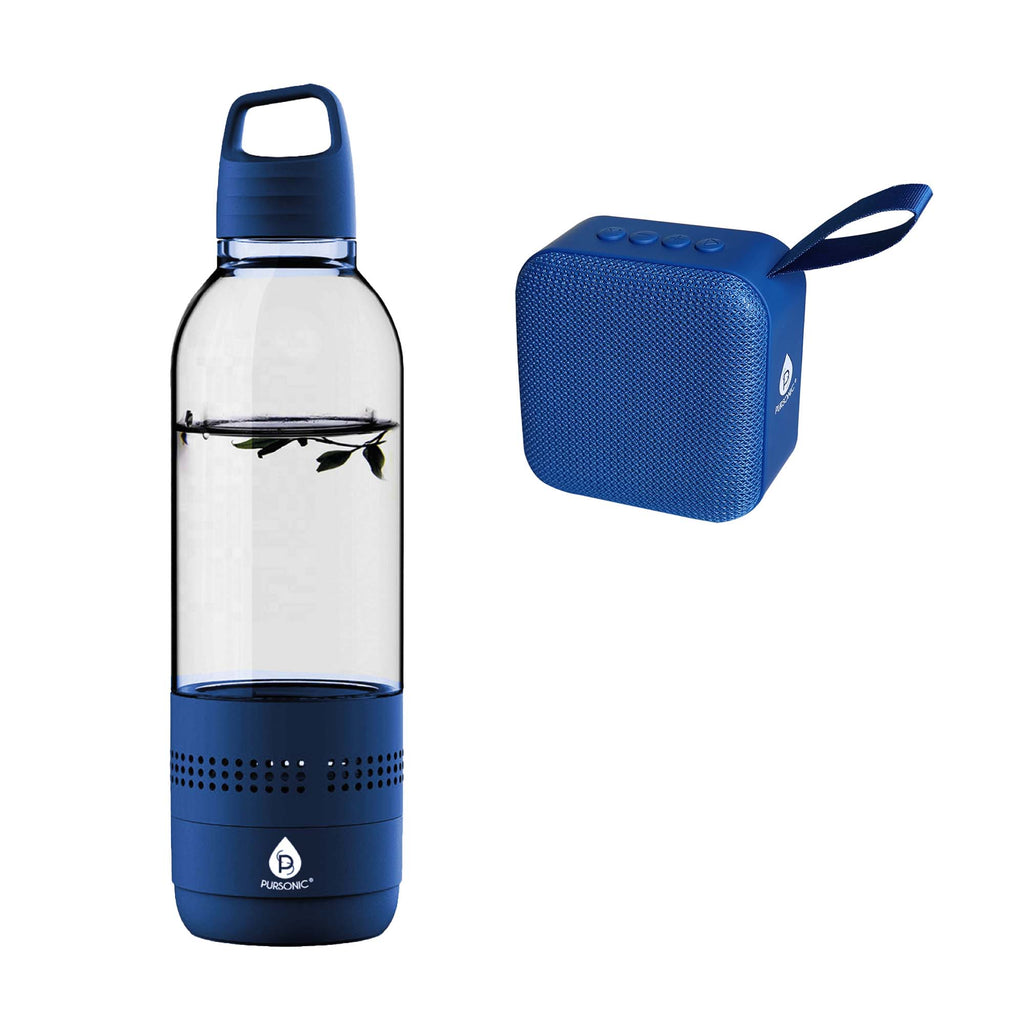 Water bottle with blue cap and matching blue wireless speaker with carry strap