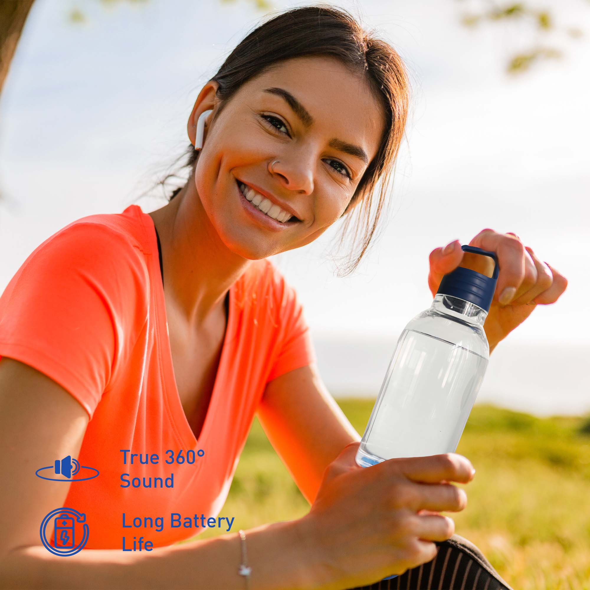 Clear water bottle with blue lid, portable hydration bottle