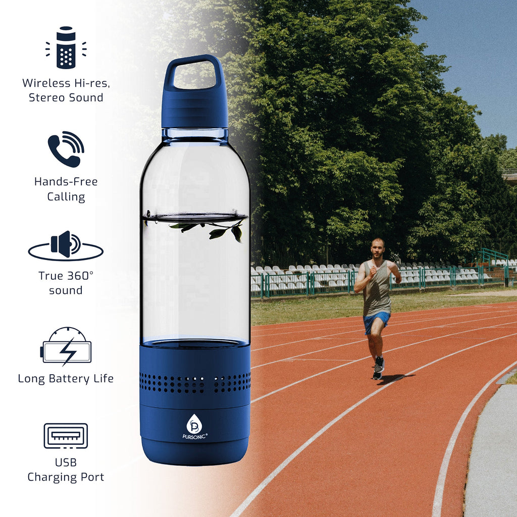Blue water bottle with handle, speaker vent holes, and transparent bottle body