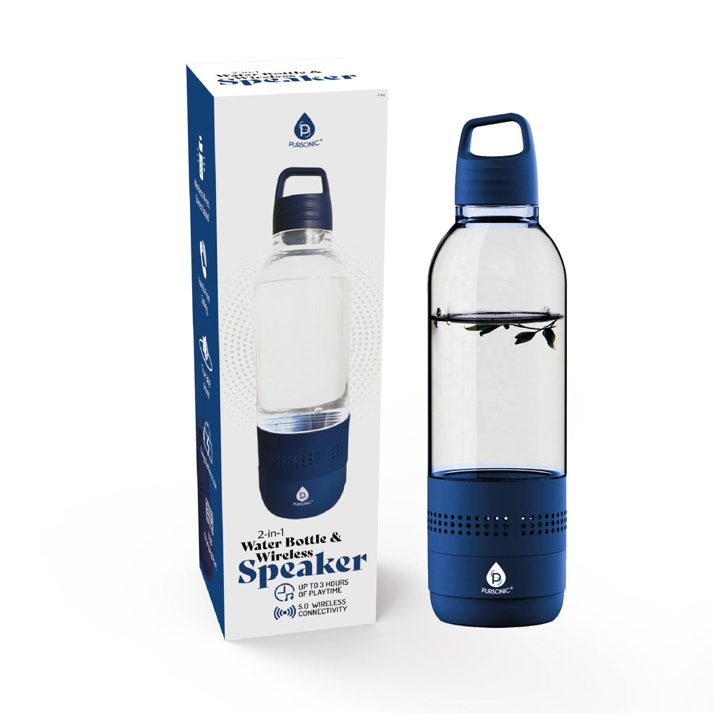 Blue and clear water bottle with built-in wireless speaker base and handle loop