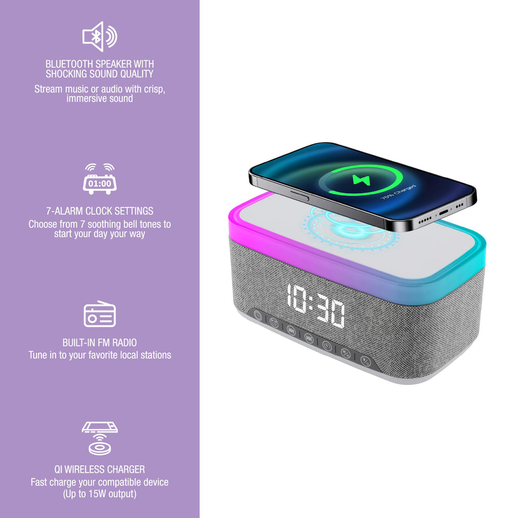 Wireless charging alarm clock speaker, side view with display and colored top