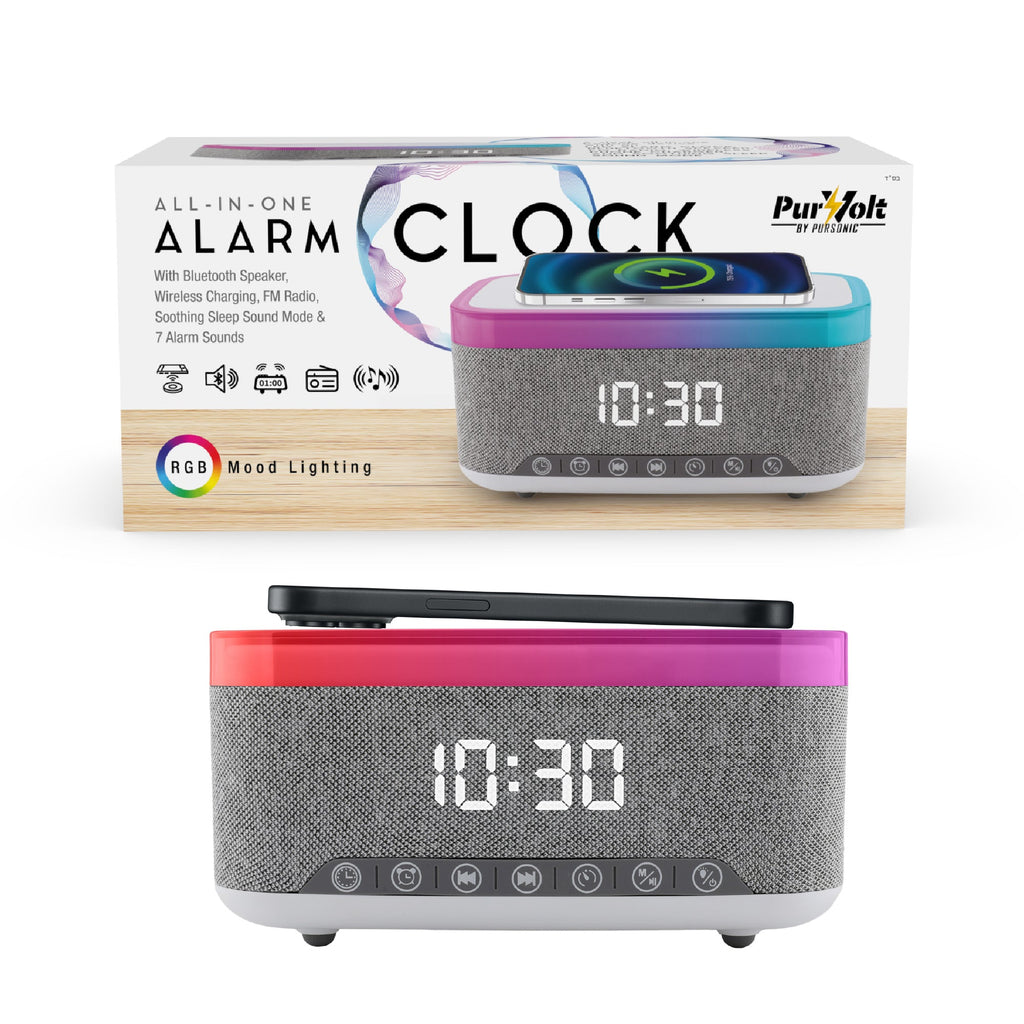 Alarm clock speaker with colored top panel, shown in product packaging