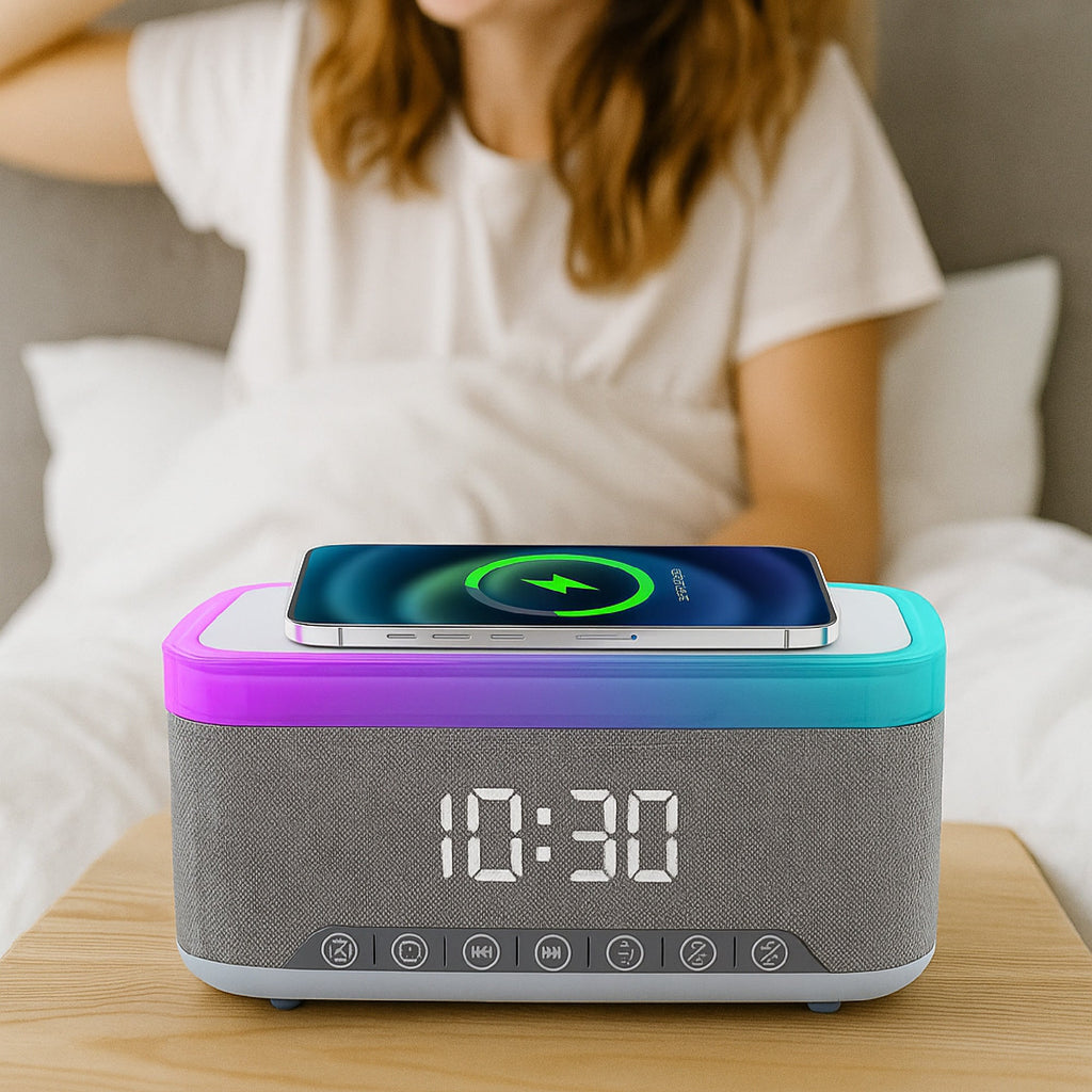 Wireless charging alarm clock speaker on table, illuminated 10:30 display