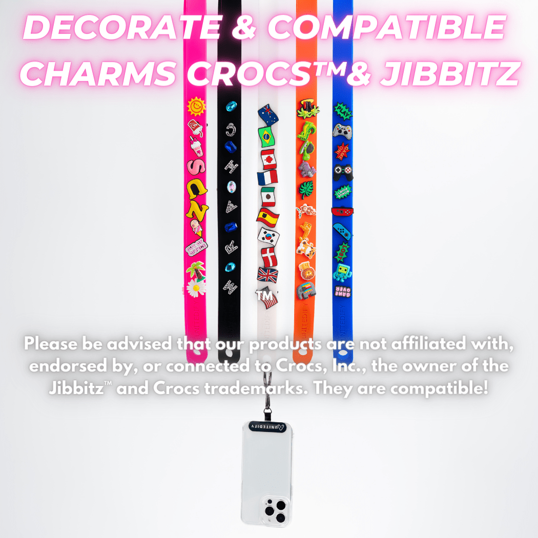 Phone strap with white phone case holder, shown with colorful lanyards