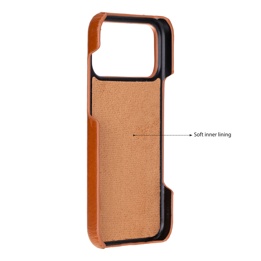 Tan leather iPhone 17 Pro Max case with soft inner lining and open top