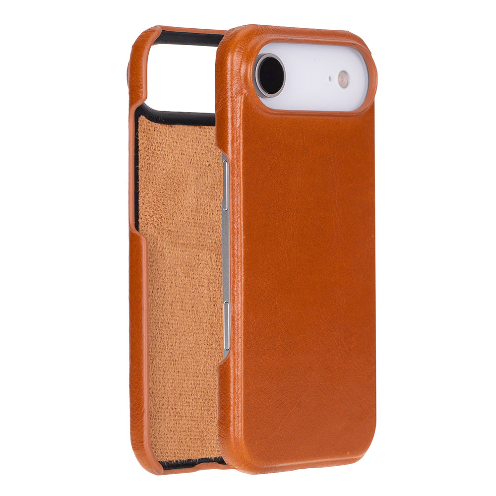 Tan leather iPhone case with camera cutout and textured front cover.