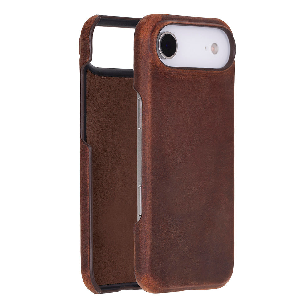 Antic brown leather iPhone case with camera cutout and textured front cover.